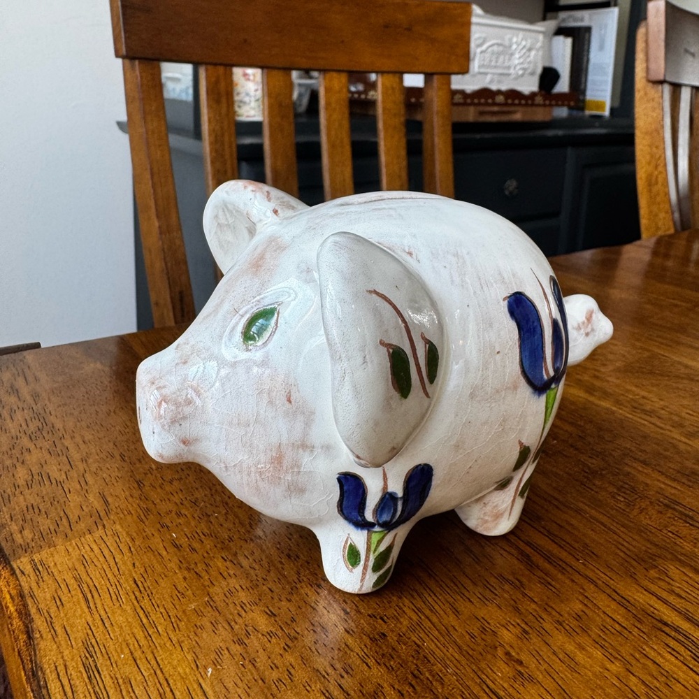 Vtg Hand-Painted White Ceramic Piggy bank made in Italy Floral  Art pottery
